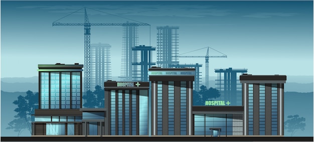 Città nel pomeriggio. Grattacieli di vetro, edifici residenziali, caffè, scuola.