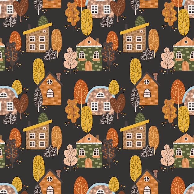 Città scandinava senza soluzione di continuità Sfondo infinito con case carine e alberi Stagione autunnale Colorato vettore piatto Modello senza soluzione di continuità Illustrazione vettoriale in stile cartone animato piatto