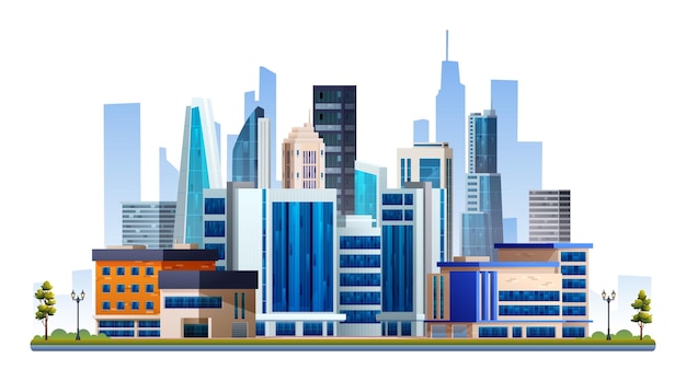 Città urbana con edifici grattacieli illustrazione vettoriale Paesaggio urbano isolato su sfondo bianco