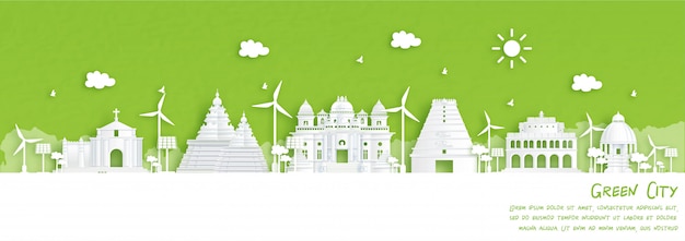 Città verde di Chennai, India. Concetto di ambiente ed ecologia in stile taglio carta. illustrazione.