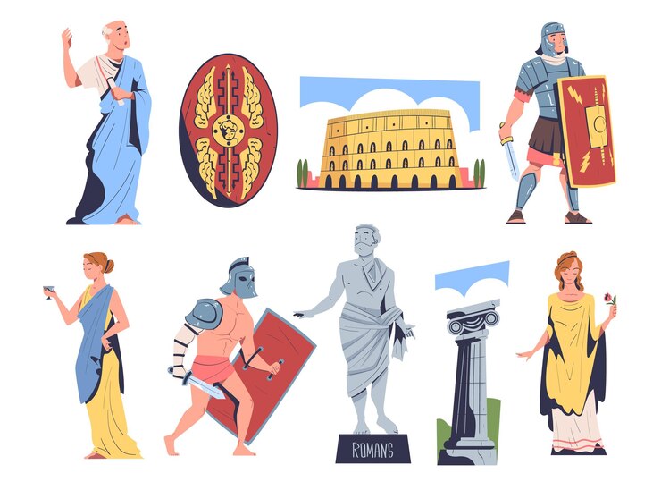 Vettore cittadini dell'antica roma in abiti tradizionali con guerriera patriciana femminile e colosseo landmark vector set