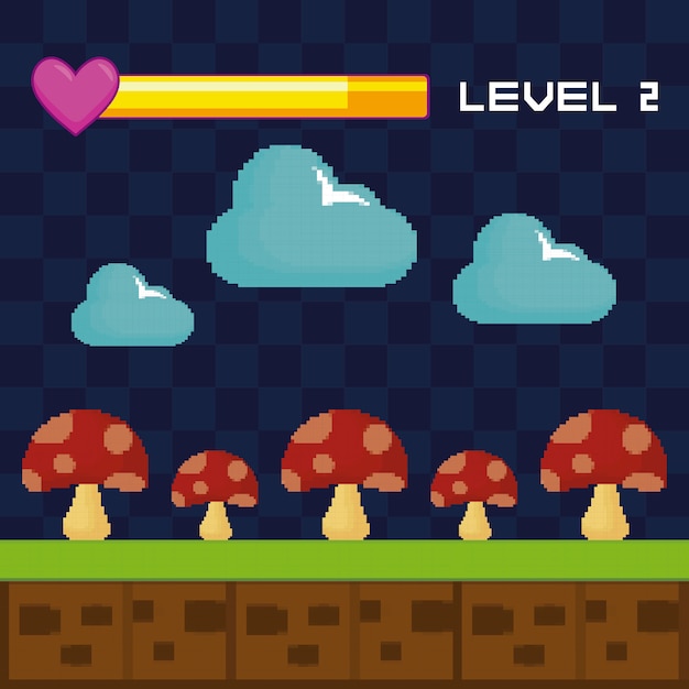 Classica scena di videogioco con funghi