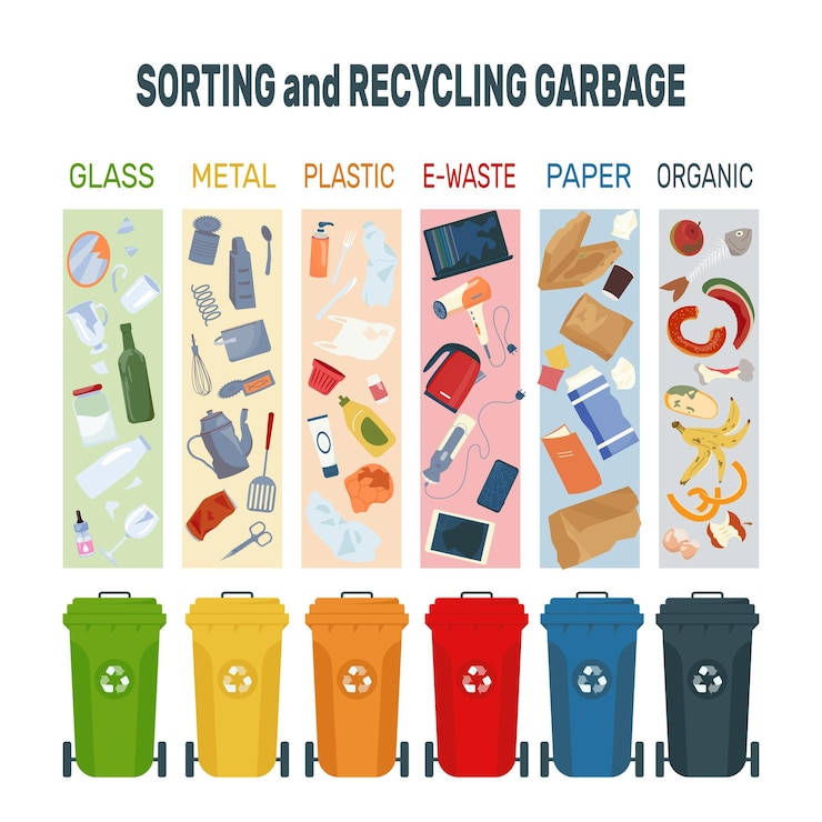 Vettore classificazione e riciclaggio dei rifiuti per materiale e tipo nel bidone della spazzatura vettore infografico di segregazione dei rifiuti
