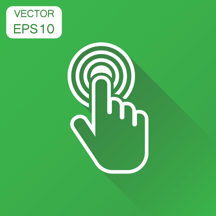 Vettore clicca sull'icona della mano concetto aziendale pittogramma del dito cursore illustrazione vettoriale su sfondo verde con lunga ombra