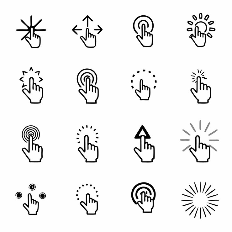 cliccare e toccare le icone impostate con il cursore e i simboli della mano per i disegni dell'interfaccia utente