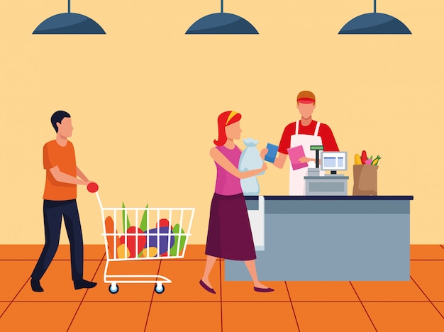 Clienti Avatar al registratore di cassa del supermercato, design colorato