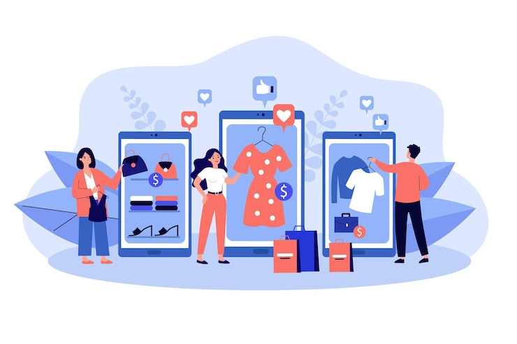 Vettore clienti che acquistano merci nei negozi online. giovani acquirenti che utilizzano dispositivi mobili con app e smartphone