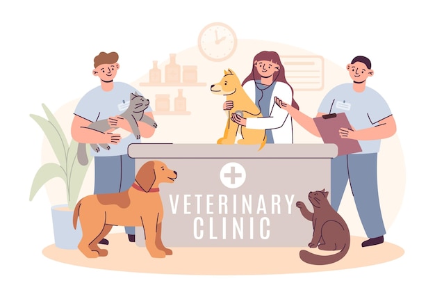 Clinica veterinaria Ospedale veterinario per animali Trattamento di cani o gatti Gattino e cucciolo al banco di accoglienza veterinaria Medicina per animali domestici Dottore che esamina pazienti soffici Sfondamento vettoriale