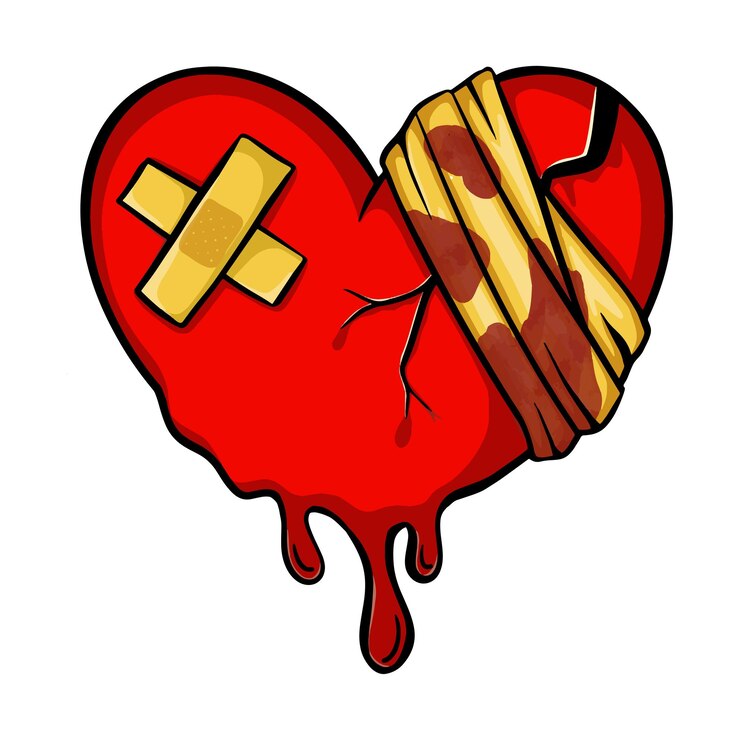 Vettore clipart cuore spezzato lesioni cardiache gocciolanti con cerotti e bendaggi medici elastici adesivi