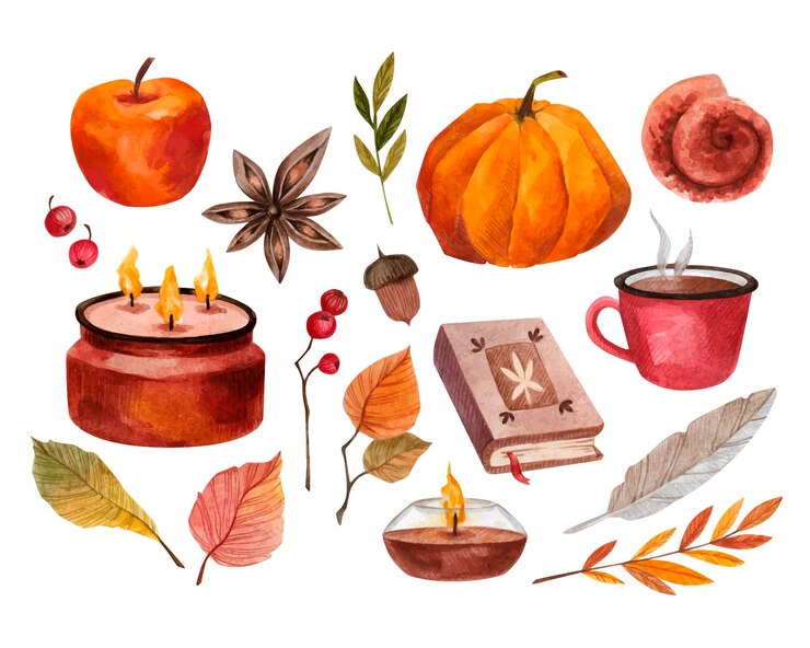 Vettore clipart dell'acquerello di autunno caldo e accogliente su priorità bassa bianca. caffè, tè, autunno, foglie, candela, libro