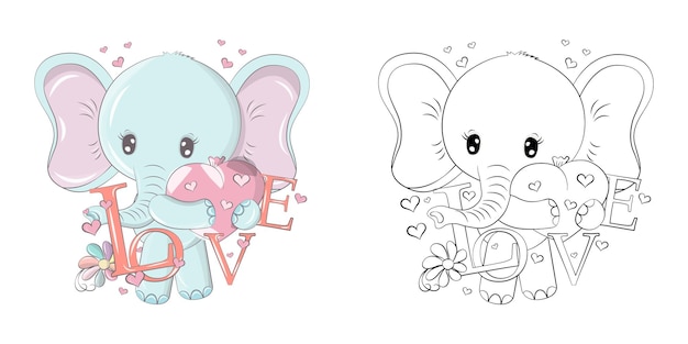 Clipart di elefante multicolore e in bianco e nero. Bella illustrazione animale con palloncino.