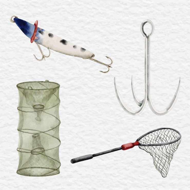 Vettore clipart di raccolta di elementi di pesca dell'acquerello