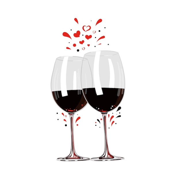 Clipart di San Valentino con bicchieri di vite con illustrazione di vacanza disegnata a mano di cuori
