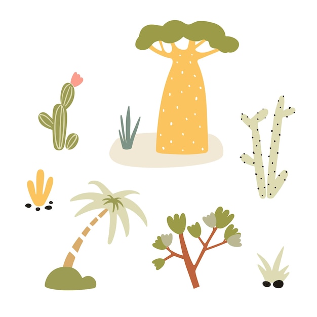 clipart illustrazione vettoriale cartoni animati disegnati a mano alberi, fiori e piante, elementi di doodle astratti i