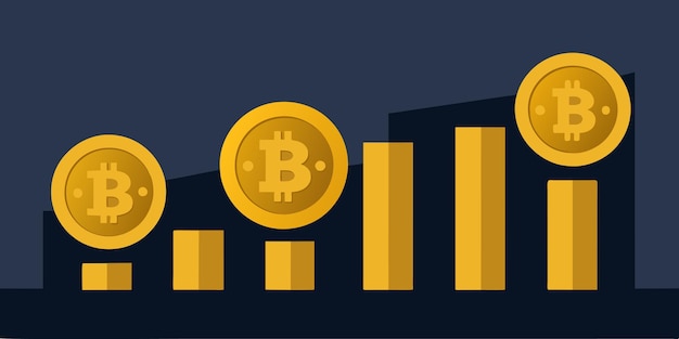 Close-up di Golden Bitcoin su uno sfondo riflettente scuro di grafico crescente