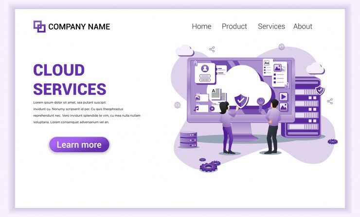 Vettore cloud computing services, cloud storage per landing page template.