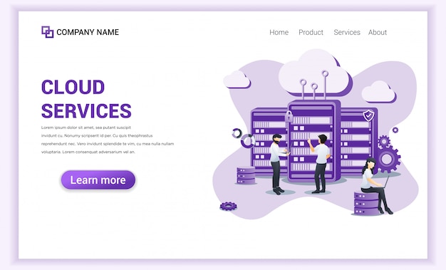Cloud Computing Services, Data center, Cloud storage per modello di landing page.
