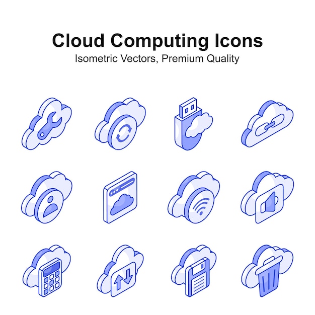 Cloud computing set di vettori isometrici isolati su sfondo bianco