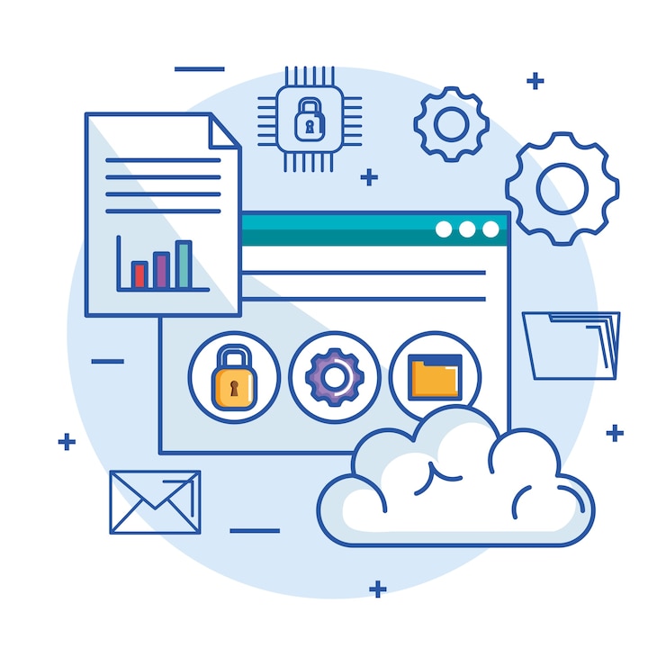 Vettore cloud computing storage server web hosting e sicurezza tecnologica