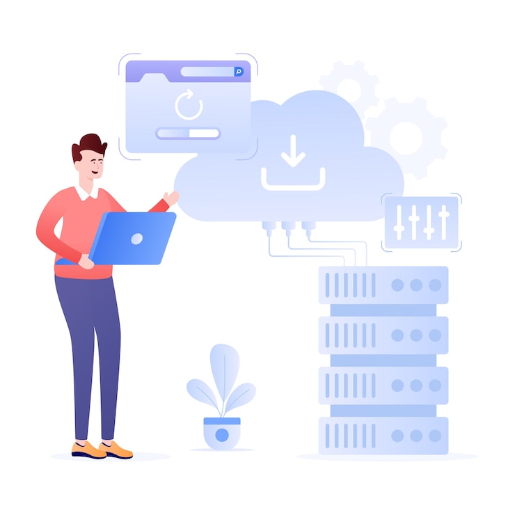 Vettore cloud connesso con l'illustrazione piatta del server dell'hosting dei dati