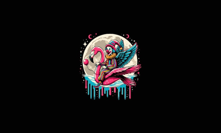 Vettore clown a cavallo di flamingo che vola sulla luna disegno d'arte vettoriale