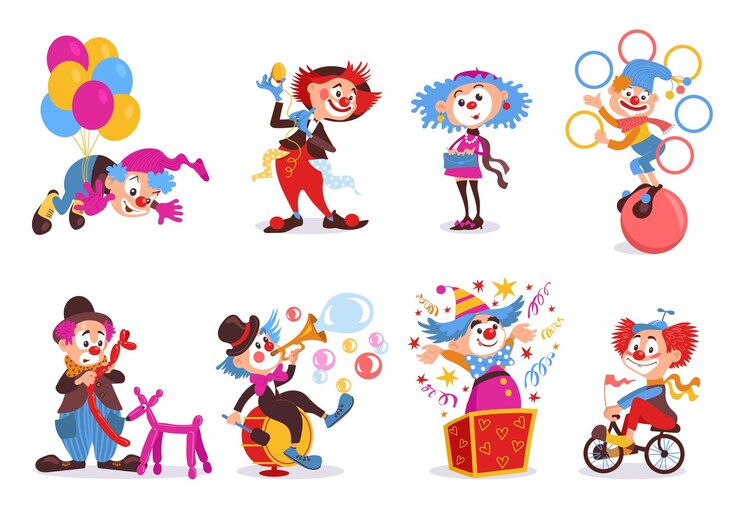 Clown dei cartoni animati Personaggi della festa di compleanno Vacanze per bambini Attori circensi pazzi Costumi luminosi e trucco Artisti di intrattenimento comico con palloncini e bicicletta Mago giocoliere Splendido set vettoriale