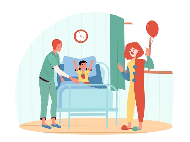 Clown intrattiene un bambino malato concetto Uomo in abiti colorati con naso rosso e palloncino d'aria Divertimento e svago per il ragazzo in ospedale Illustrazione vettoriale piatta di cartone animato isolata su sfondo bianco