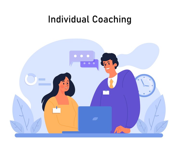 Vettore coach professionista che guida uno studente dedicato a una sessione di mentoring one-on-one che garantisce una personalizzazione