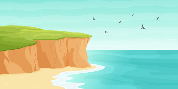 Vettore coastal cliff landscape with sea view vector illustration