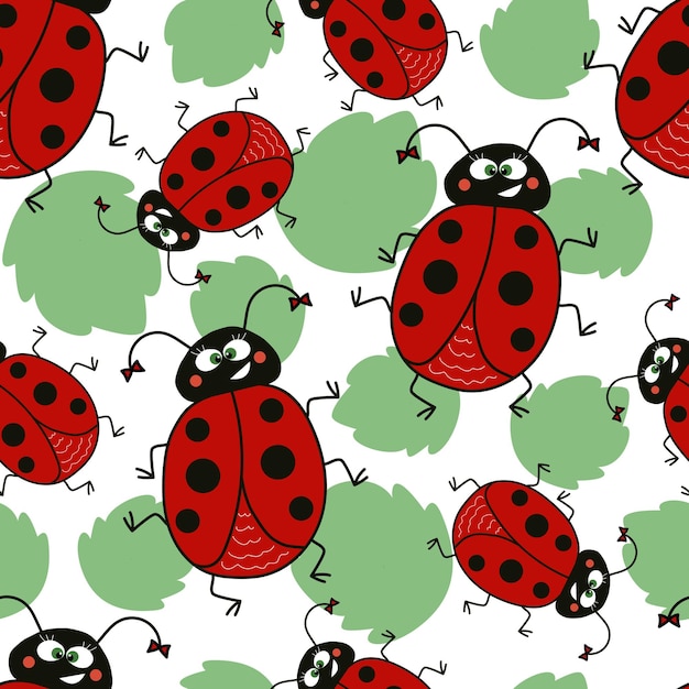 coccinella divertente del fumetto senza cuciture con fiocchi e foglie