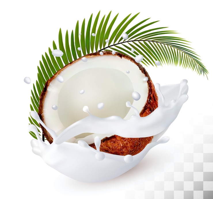 Vettore cocco in una spruzzata di latte su uno sfondo trasparente. vettore.