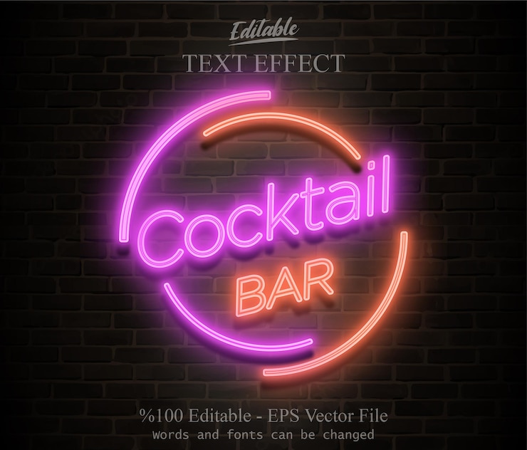 Vettore cocktail bar effetto testo modificabile vettoriale