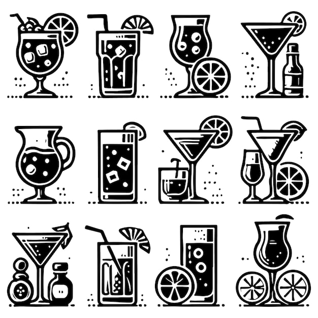 Cocktail bevande bicchieri icone vettoriali illustrazione set