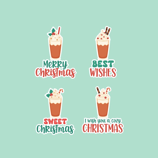 Cocktail di caffè di Natale badge adesivi con citazioni Buon Natale e auguri