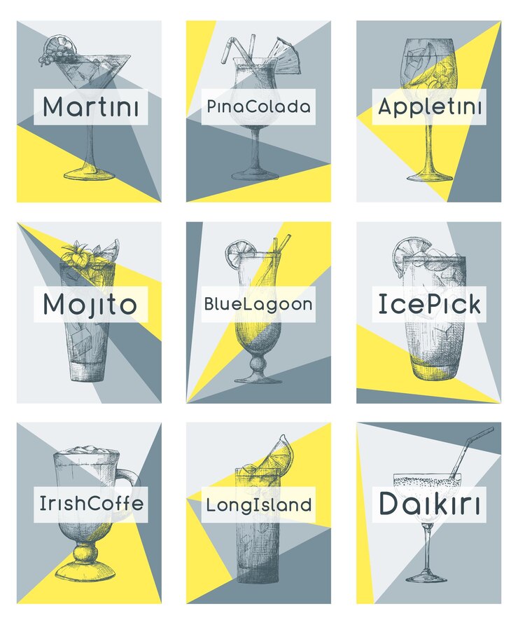 Vettore cocktail disegnati a mano su singole carte. illustrazione vettoriale in stile schizzo