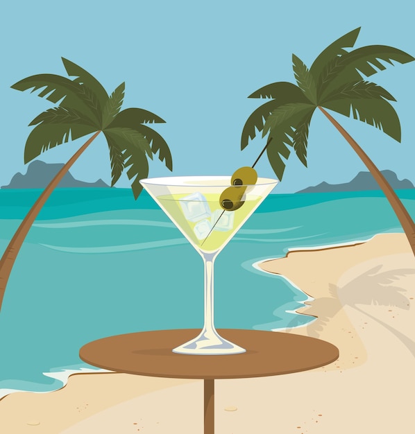Cocktail tropicale in piedi su un tavolo con vista sulla spiaggia sabbiosa e sull'oceano