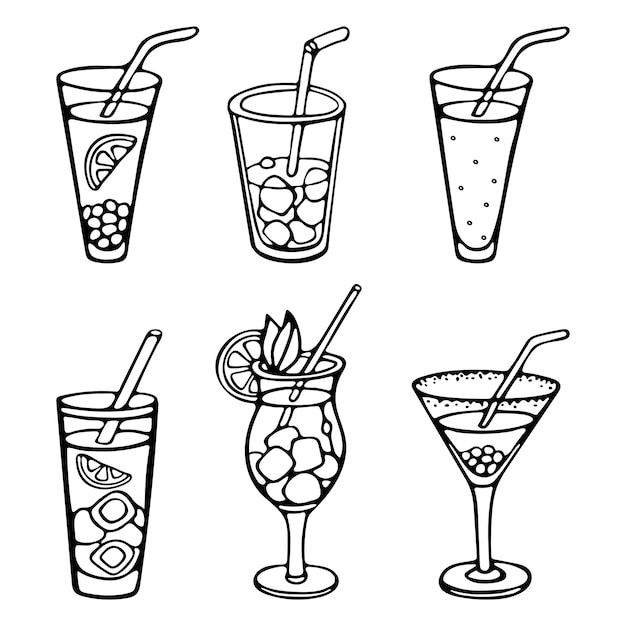 Cocktail tropicali Disegna a mano Contorno Doodle Vettore Premium