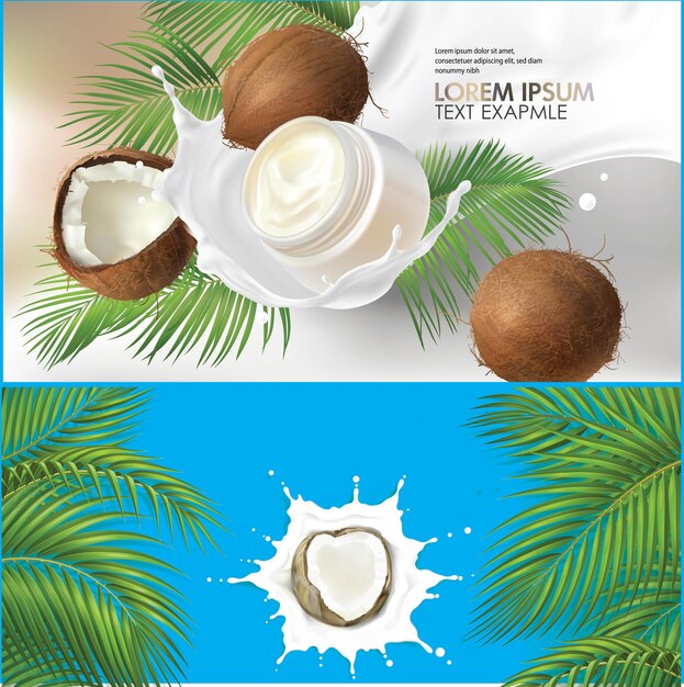 Coco nuovo con latte in un taglio con foglie di palma