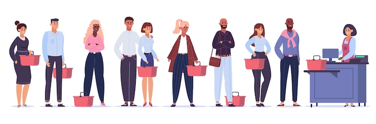 Vettore coda della spesa. personaggi dello shopping nella linea del negozio, folla in attesa di acquisto in linea, illustrazione della coda del cassiere del negozio di alimentari. carattere nel banco del servizio del negozio, linea persone cliente