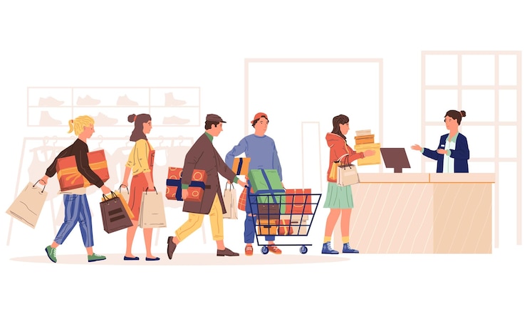 Vettore coda di acquisto persone in fila alla cassa uomini e donne nel negozio al dettaglio al centro commerciale o al supermercato clienti che acquistano capi e regali concetto di venditori e acquirenti vettoriali