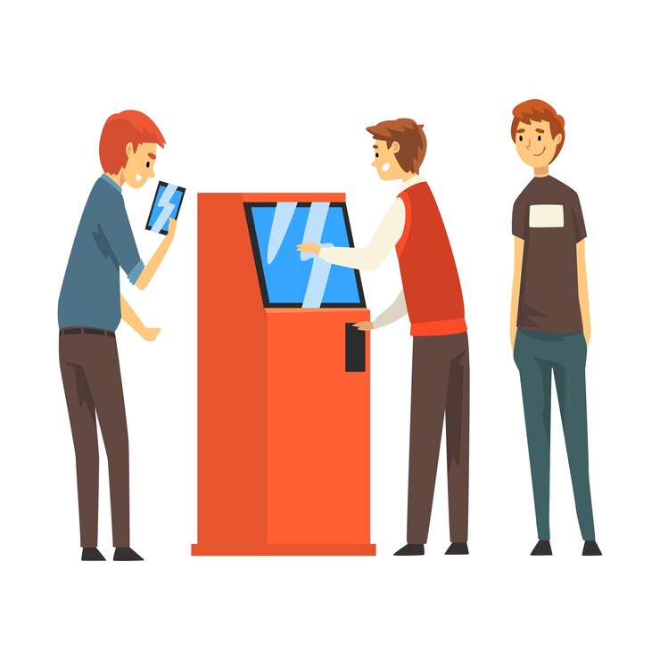Vettore coda di persone all'uomo atm che ottiene denaro tramite l'erogatore di contanti servizio bancario illustrazione vettoriale su sfondo bianco