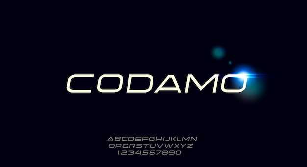 Codamo, un font high-tech e futuristico, un moderno design tipografico scifi. Alfabeto