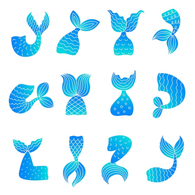 Code di sirena. Disegno simboli marini dell'oceano di coda di fata donna pesce belle code illustrazioni vettoriali. Sirena coda di mare, collezione di disegni di pesci