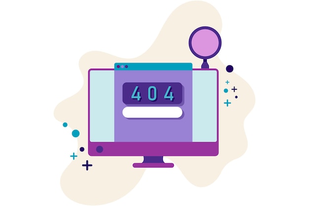 codice di errore 404 sul computer e simbolo della lente d'ingrandimento connessione a Internet problematica