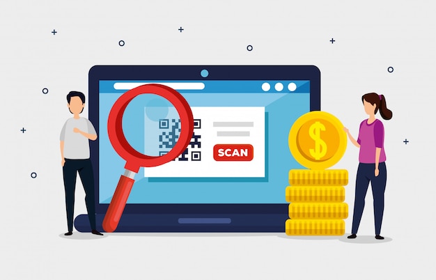 Codice QR in laptop con coppia di affari