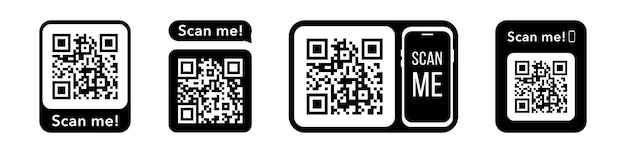 Codici Qr con scansione me iscrizione con telefono. Codice QR per pagamento, portafoglio elettronico, web, pacchetto.