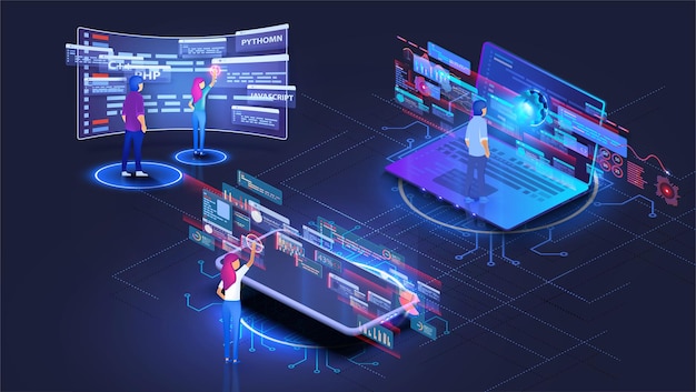 Codifica e programmazione per lo sviluppo web responsive. Set di programmatori che lavorano allo sviluppo web su computer. Concetto di codifica di script e programmazione in php python javascript e altri linguaggi