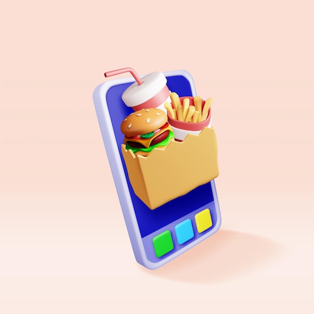 Cola 3D con patatine fritte e cheeseburger nello smartphone