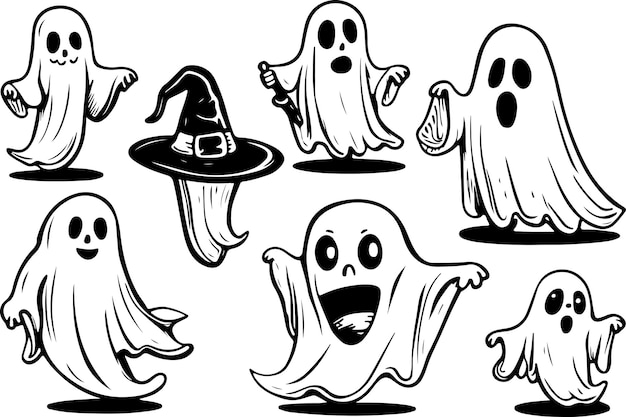 Colezione di zucche e fantasmi Halloween adesivi sketch set grande set doodle collezione Halloween e