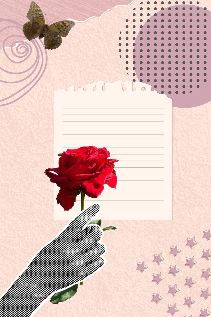 Vettore collage a mezza tonalità alla modamano che tiene una rosa in stile retro alla moda frame di carta strappato fiore retro